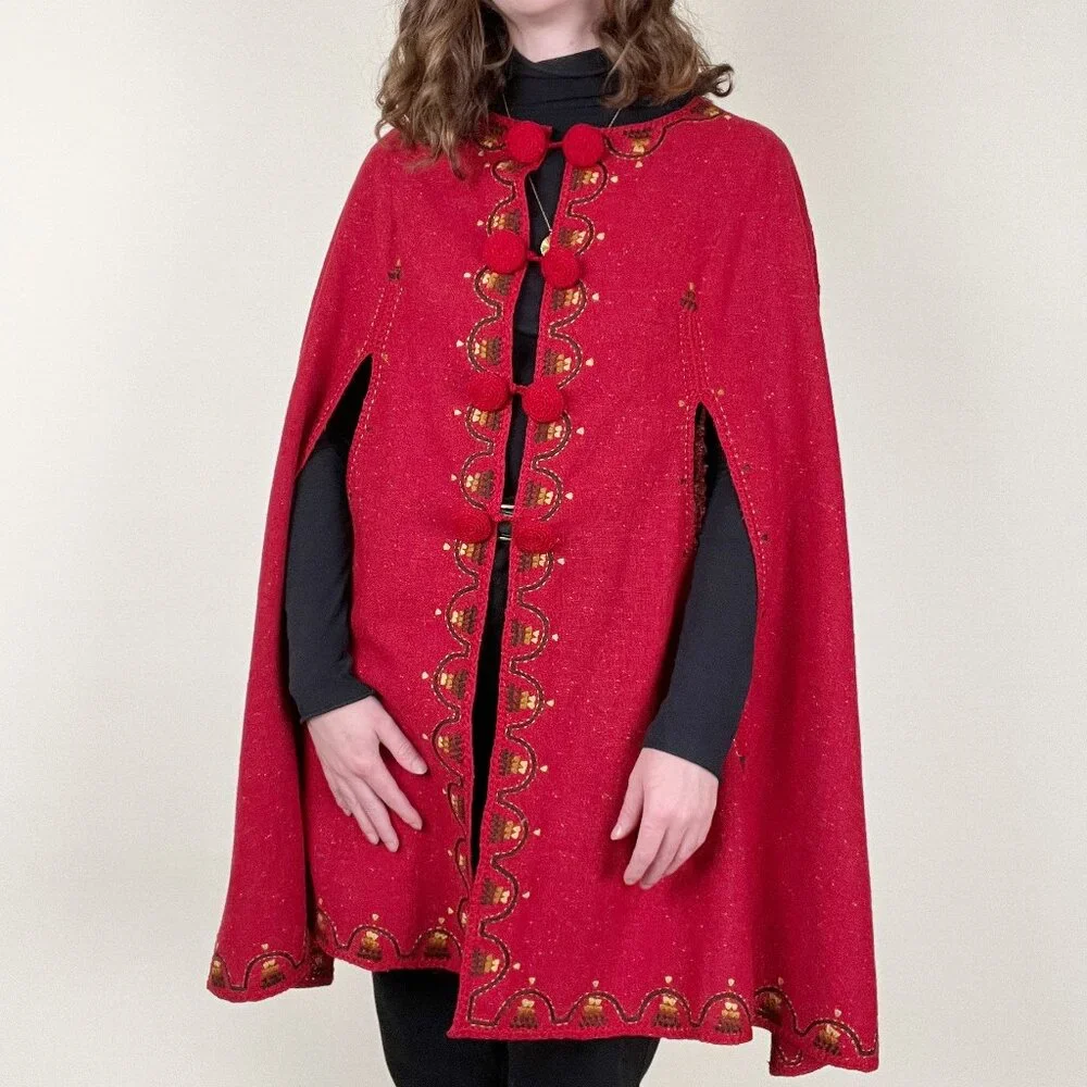 Vintage Handmade Embroidered Poncho Cape Crochet Woven Jacket Coat Cloak Long - Picture 5 of 5